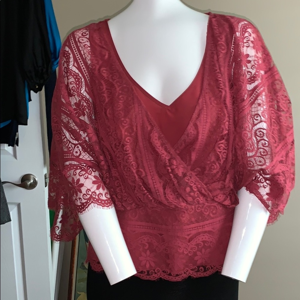Beyond Vintage Mixed Floral & Geometric Lace Faux Wrap Fully Lined Cap Sleeve  S - Picture 12 of 16